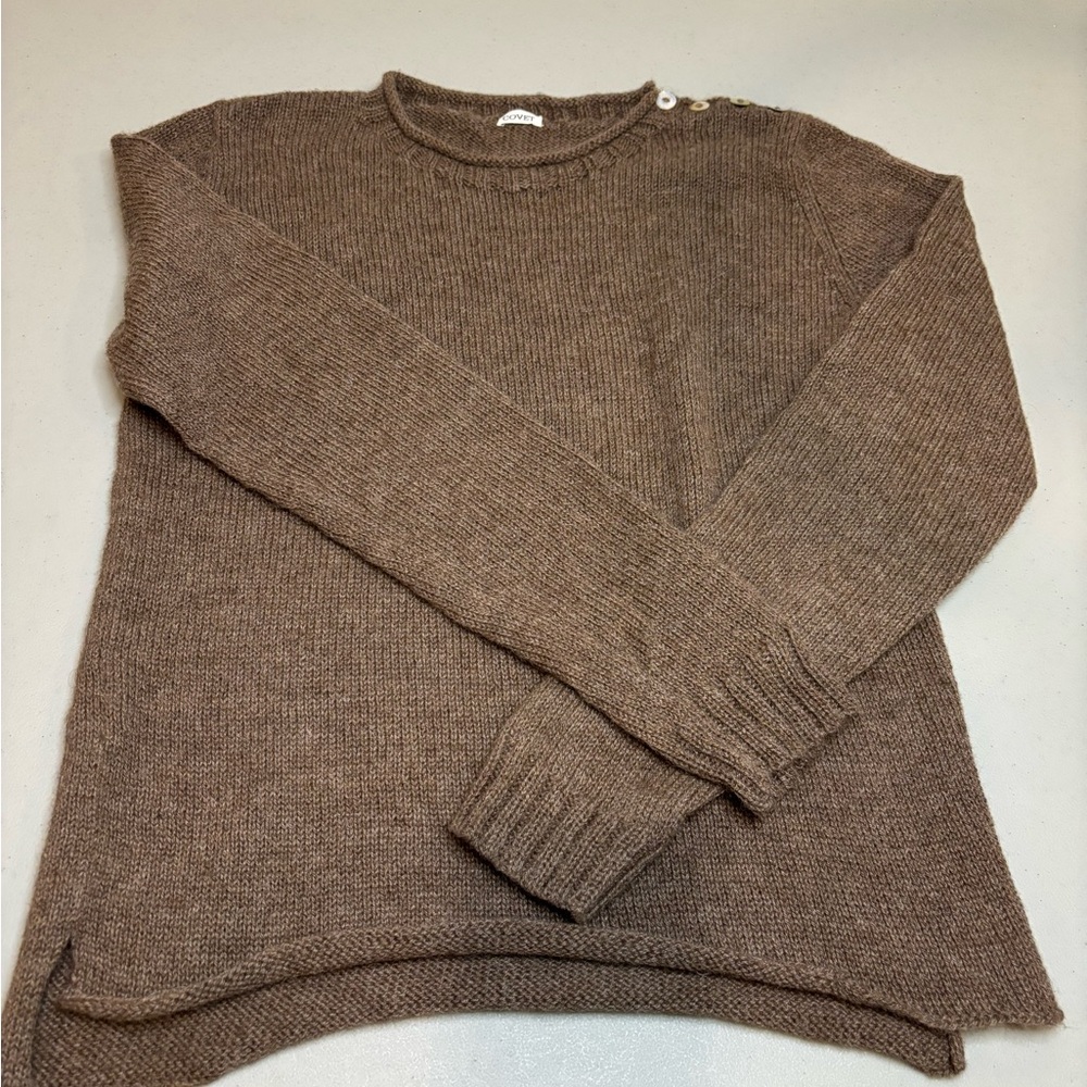 Covet Brown Crewneck Sweater with Shoulder Buttons alpaca
